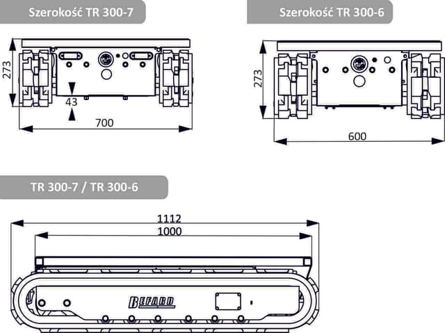 Wymiary transportera elektrycznego BEFARD TR300 na gąsienicach