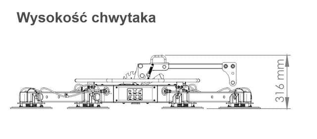 Rysunek techniczny z wymiarami chwytaka próżniowego XP wysokość