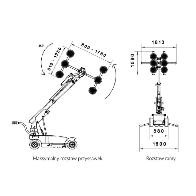Rysunek techniczny przedstawiający maksymalny rozstaw przyssawek w robocie montażowym BEFARD XC820